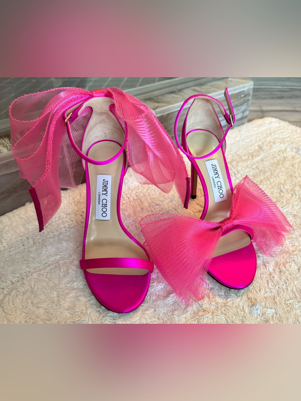 Jimmy Choo Hot Pink Satin Bow Ankle-Strap Heels